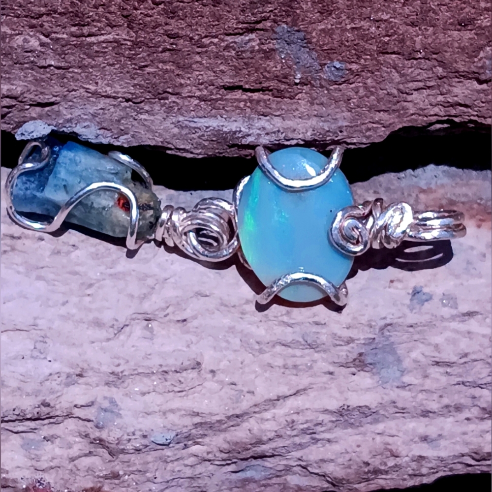 Australian Opal And Raw Aquamarine Pendant Sterling Silver - Picture 7 of 15